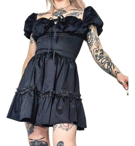 Minivestido Gótico Punk Lolita Con Cuello Cuadrado Y Cordone