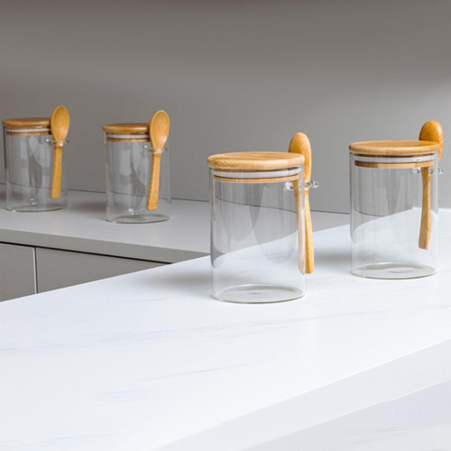 Juego De 4 Tarros De Cristal Con Tapas De Bambú Y Cucharas