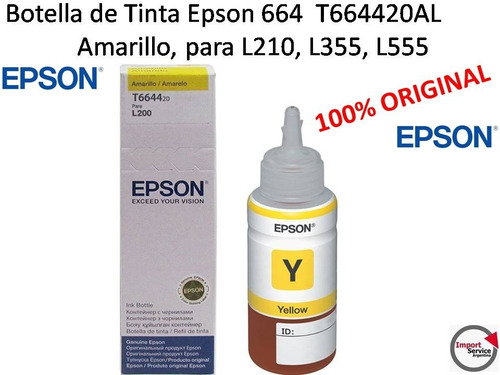 Botella De Tinta Epson 664, Amarillo, Para L210, L355, L555
