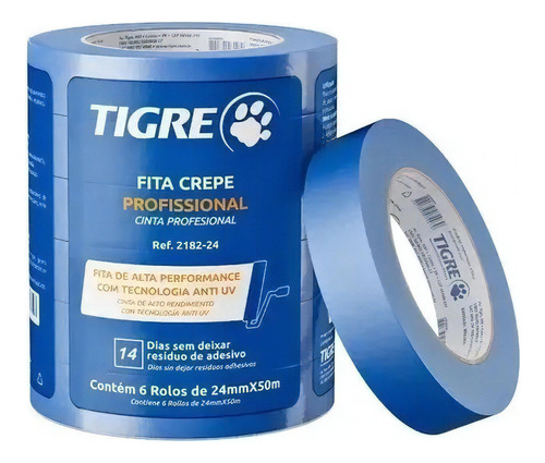 Kit Com 6 Fitas Crepe Tigre Azul 24mm X 50m Profissional 