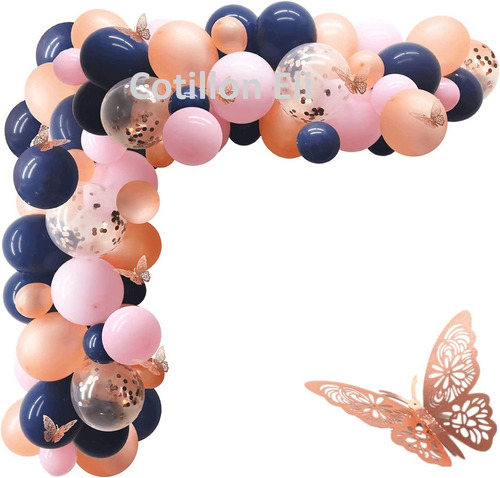 Arco Organico Deglobos Azul Rosa Rosa Gold Con Mariposas 