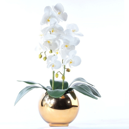 Arranjo 2 Orquídeas Brancas Artificiais Em Aquário Dourado
