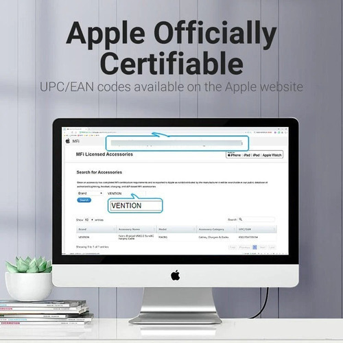 Cable Lightning Vention - USB a Lightning - Para iphone - Carga rapida 2.4A - 1 Metro - Certificado MFI Para productos Apple - Cargador y datos 480 Mbps - Para Macbook iphone Ipad Auriculares - LABHF