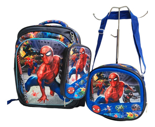 Mochila Niño Luz Led 3d Combo Escolar Primaria Lonchera Lapicera Gokú Dra Gon Ball Spider Mann Hombre Araña Azul Naranja Rojo Héroe Anime