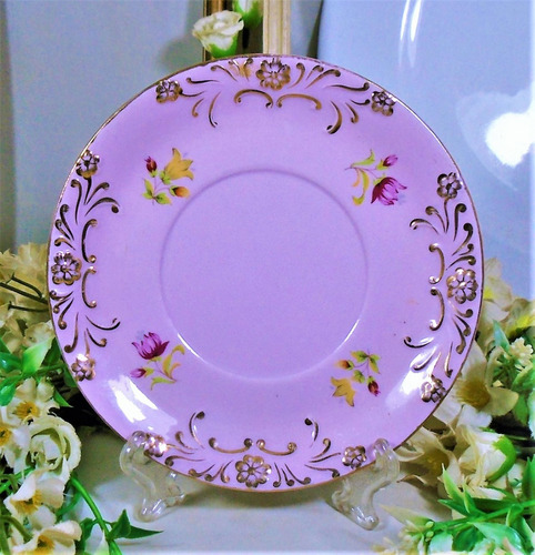  Plato Rosa Porcelana H Y C República Checa 14 Cm Con Atril