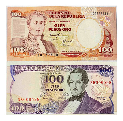 Dupla 2 Billetes Antiguos 100 Pesos Oro Colección Colombia