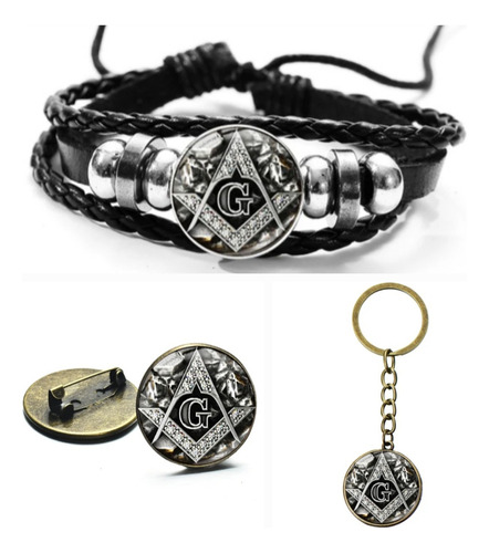 Conjunto Mason Pulsera + Broche + Llavero Mod 3 Incluye Caja