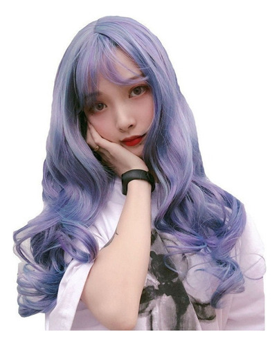 L Peluca De Ondas Largas Con Flequillo Azul Para Mujer