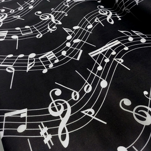 Tnt Estampado Notas Musicais Branco Fundo Preto 1,00m X 1,40