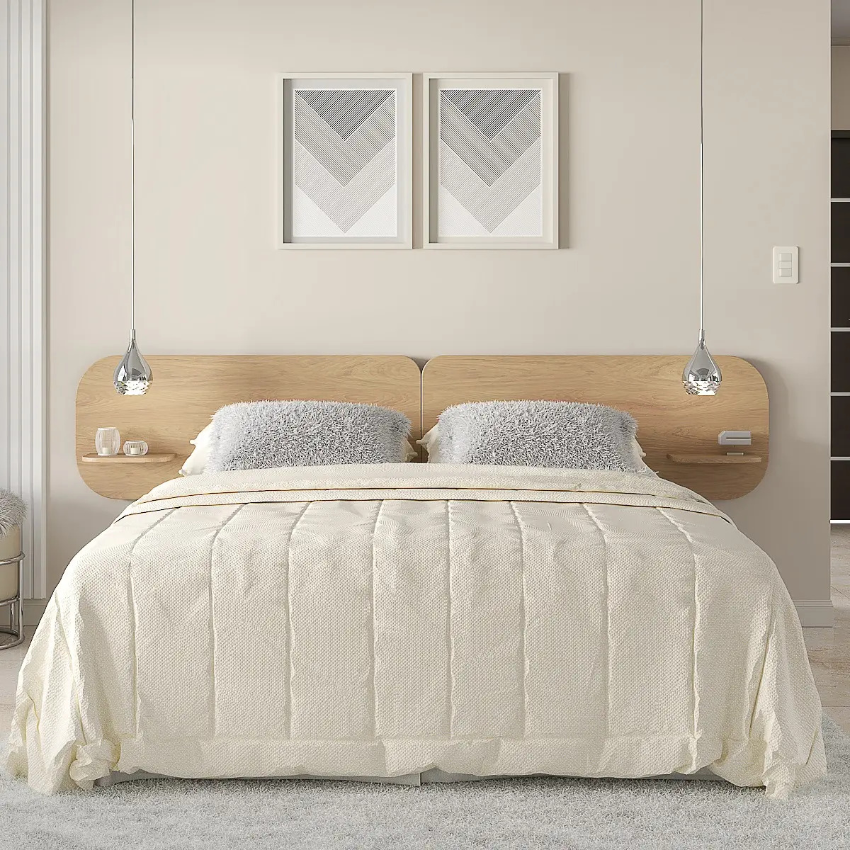 Respaldo Cama Sommier Flotante 2 Plazas Con Estante 240x50cm Color Madera natural
