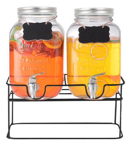 Juego De Dispensadores Bebidas 4 Litros Mason Jar Base Metal Color Transparente