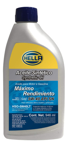 Aceite 100% Sintético Hella Hso-5w40lt Para Motor Gasolina 5