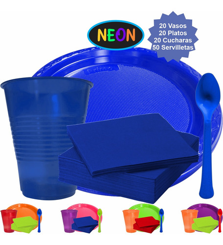 20 Platos Y 20 Vasos Neón Con 20 Cucharas Y 50 Servilletas