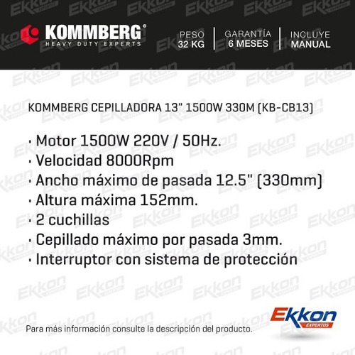 Cepilladora Banco Kommberg 1500w 330mm Carpinteria 2 Cuchill