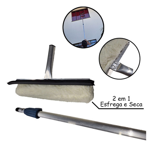 Kit Rodo Limpa Vidros 35 Cm Com Cabo Extensor 3 Metros