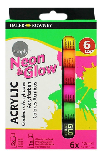 Imagen 3 de 5 de Set 6 Pintura Acrílica Neón Tubo Daler Rowney Simply 12ml