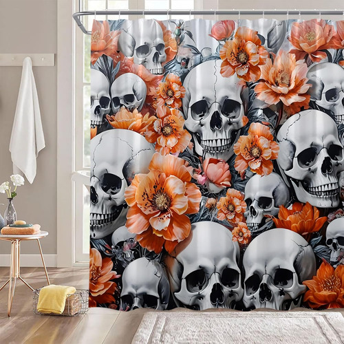 Cortina De Ducha Gótica Con Calavera Y Flores Naranjas