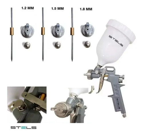Imagem 2 de 6 de Pistola Pintura Gravidade 600ml + 3 Bicos 1.2 1.5 1.8 Stels