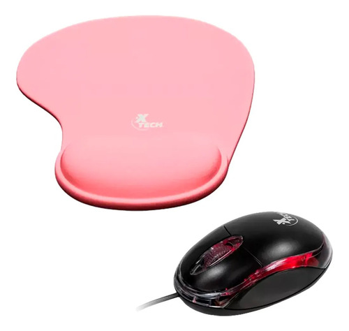 Combo Mouse Cableado Negro + Mousepad  Rosado Xtech Febo