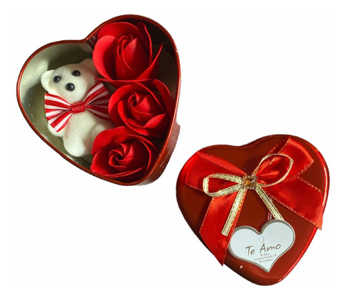 Cajita Metal Heart Shaped Box Corazón Osito Y Flores Aromas
