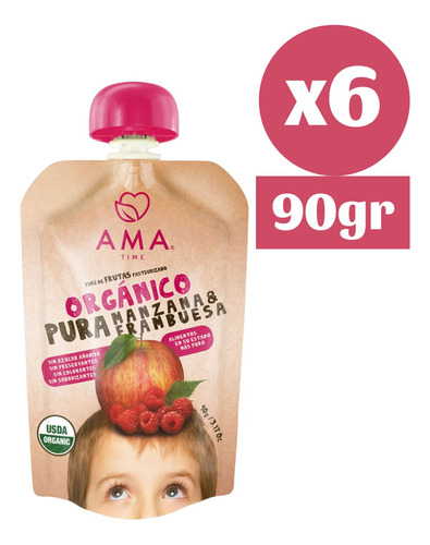 6x Ama Pure Fruta Manzana Frambuesa Orgánico Papilla Compota