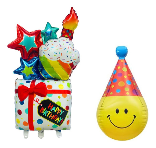 Globos Metálizados Set X 2 Happy Birthday + Cara Sonriente