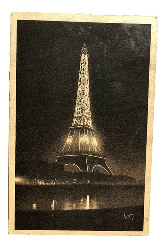 Antigua Postal Torre Eiffel Nocturna 1932 Paris Firmada Ivon