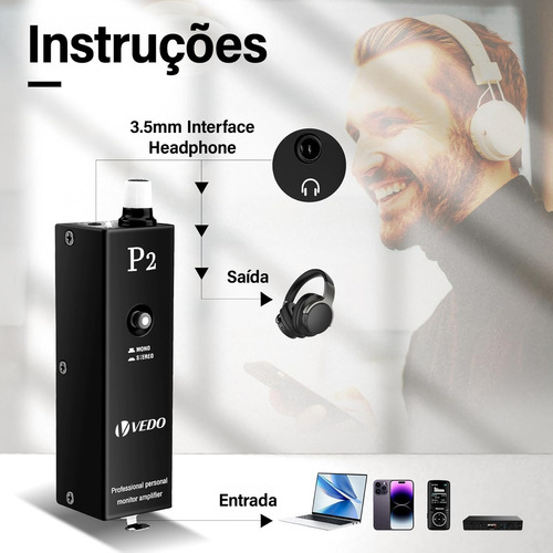 VEDO Vd-p2 Amplificador Fone Ouvido Hifi Interface Áudio Xlr 3,5m Cor Preto