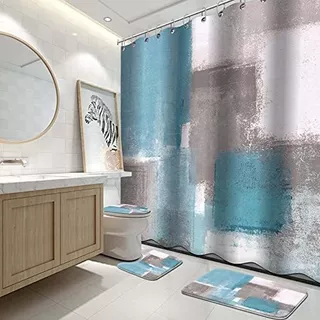 Lnond 4pcs Bathroom Shower Curtain Sets With Rugs,sky Blue A