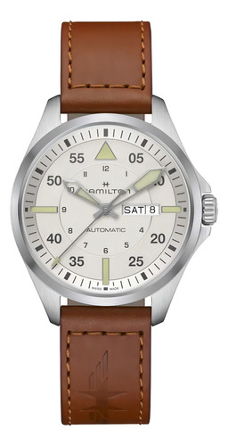 Reloj Hamilton Khaki Aviation Pilot Day Date Auto H64635550 Correa Marrón Bisel Plateado Fondo Blanco