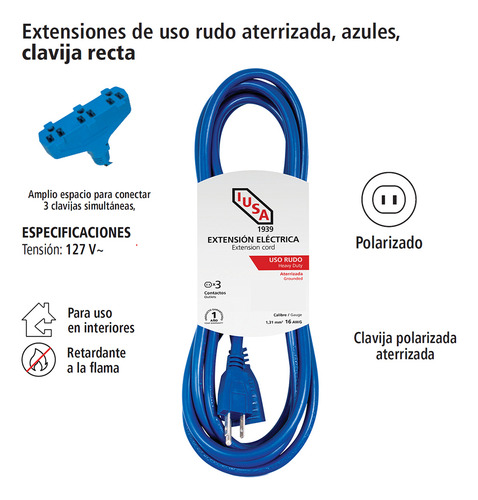 Extensión Uso Rudo Aterriz. Azul, Clavija Recta, 7.6m, Iusa