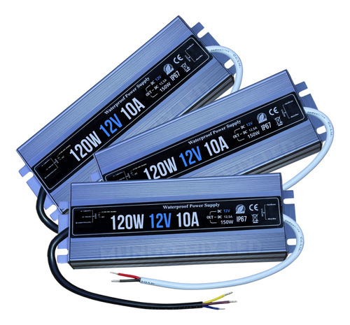 03pçs Fonte Blindada Prova Dagua Para Led 12v 10a 120w Ip67