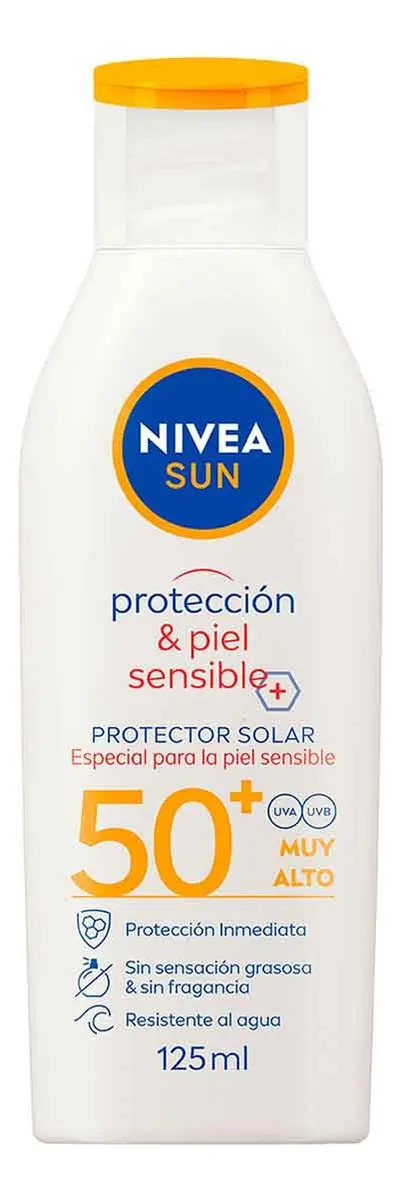 Protector Solar Corporal NIVEA SUN Protección & Piel Sensible FPS 50+ 125Ml, Sin Fragancia, Bloqueador Solar