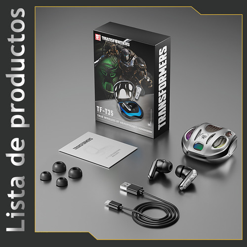 Audífonos Inalámbricos Bt Transformers Tf-t35 In-ear Led Color Plateado,para juegos con cancelación pasiva del ruido, sonido de alta fidelidad HD y baja latencia