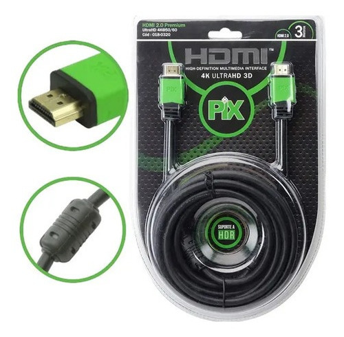 Cabo Hdmi 19 Pinos 3 Metros 2.0 4k Ultra Hd 3d Uhd C/ Filtro