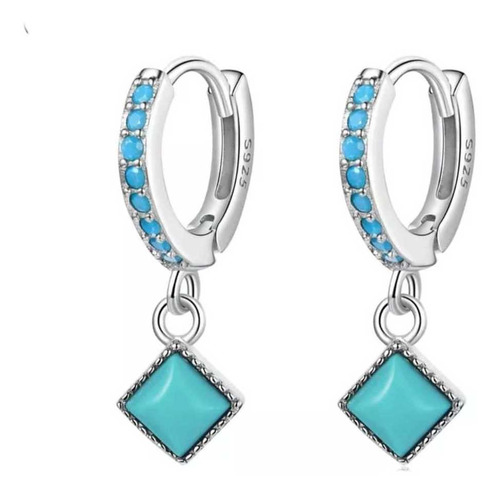 Finos Aretes Plata S925 Huggies Minimalista Piedra Turquesa 