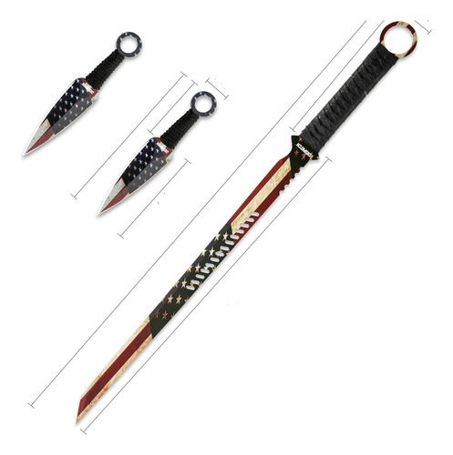 Ninjato Recto U.s.a Filo Acero 440 Full Tang Con 2 Kunais