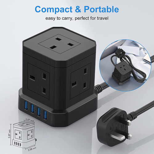 Cabo De Extensão Em Cubo Com Usb, Plugue De 5 Vias, 4 Usb, C