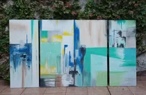 Comprar Cuadro Pintado Mano Tríptico Abstracto Grande Texturado Arte