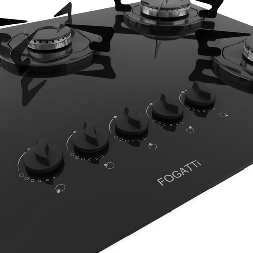 Cooktop Fogatti À Gás Fgt 5b Vidro Preto Flange Esmaltada 127V/220V
