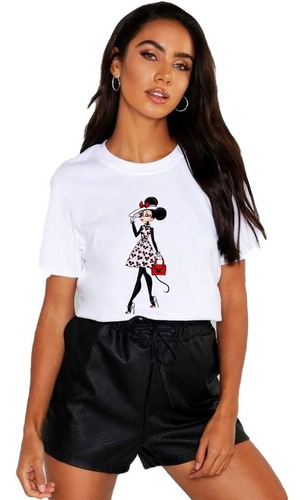 Polera Dama Estampada 100%algodon Diseño Minnie Con Sombrero