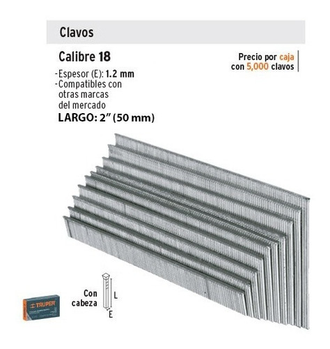 Clavos P/clavadora Neumática, 50 Mm, 5000 Pz, Truper 18269