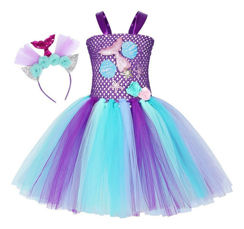Conjunto Disfraz Vestido Sirena Sirenita Ariel Niña Tutú Tul