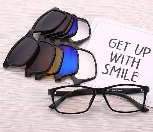 Lentes transparentes con montura negra y 5 lentes de color negro con clip