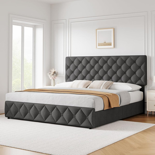 Base De Cama Idealhouse King Size Tapizada En Lino Grey