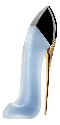 Frasco do perfume Good Girl Hair Mist em formato de salto agulha azul translúcido com bico preto e salto dourado, isolado em fundo branco.