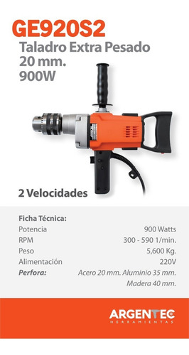 Imagen 3 de 4 de Taladro Extra Pesado 20 Mm. Argentec Ge920s2
