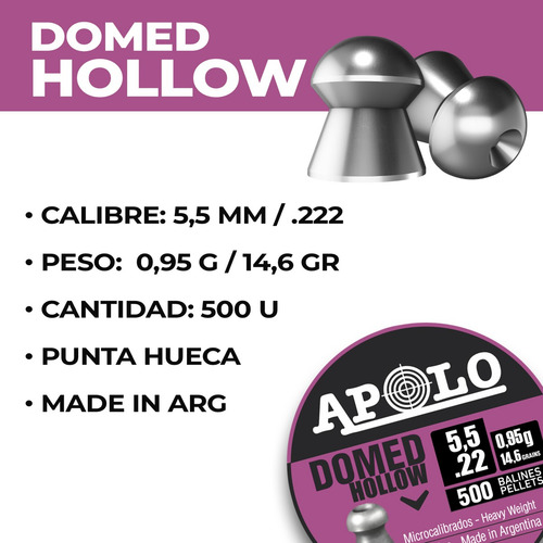 Imagen 2 de 10 de Balines Apolo Domed Hollow 5.5 Mm X500 Aire Comprimido Caza