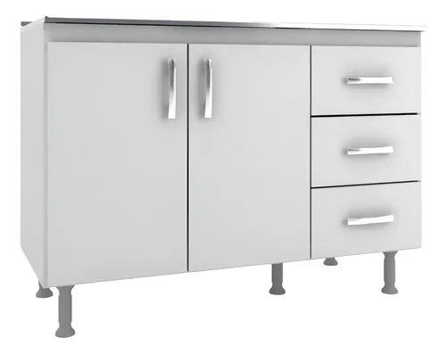 Balcão 2 Portas 3 Gavetas Sem Pia Cz601 Evidência Móveis Cor Branco