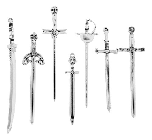 * 7 Peças Mini Pingentes De Espada Antigos, Amuletos De